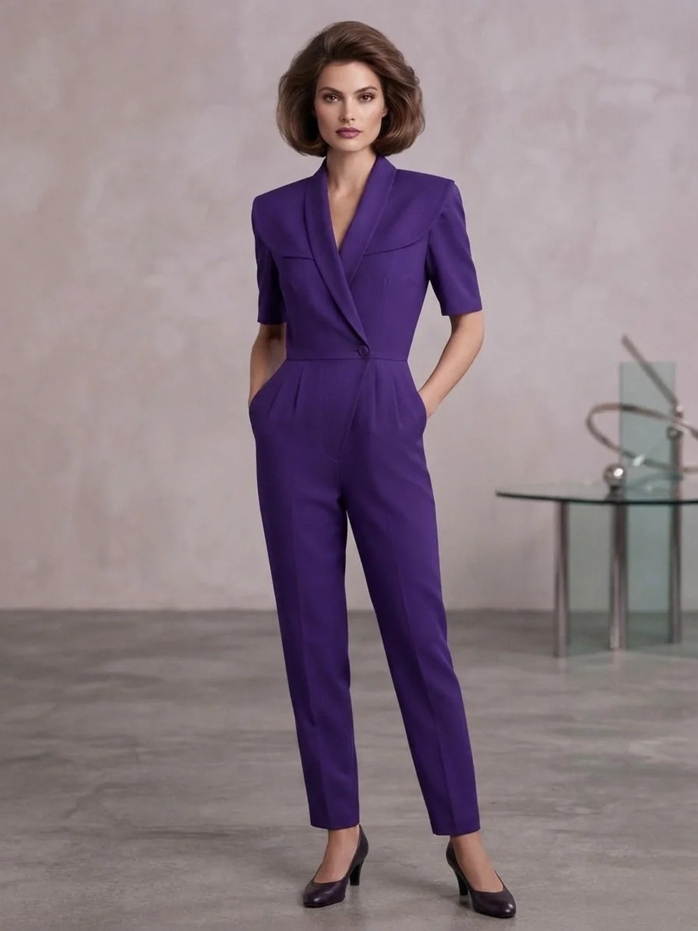 Vintage Tailored Short-Sleeve Purple Jumpsuit with Shawl Collar